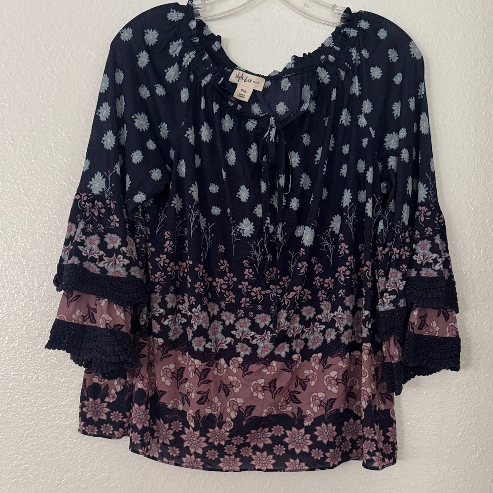 Style & Co. Navy and Pink Floral Blouse
